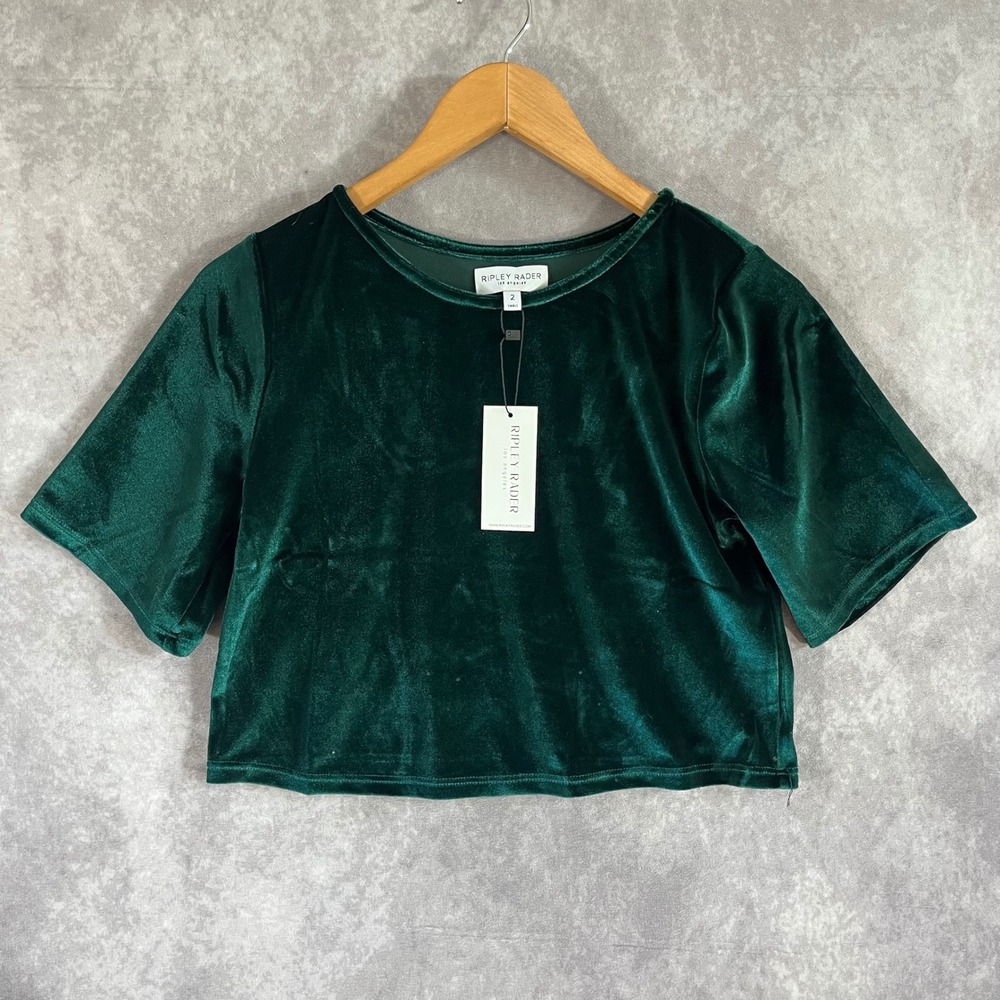 Ripley Rader Velvet Crop Top Womens 2 Small Green Short Sleeve Boxy Luxe NEW